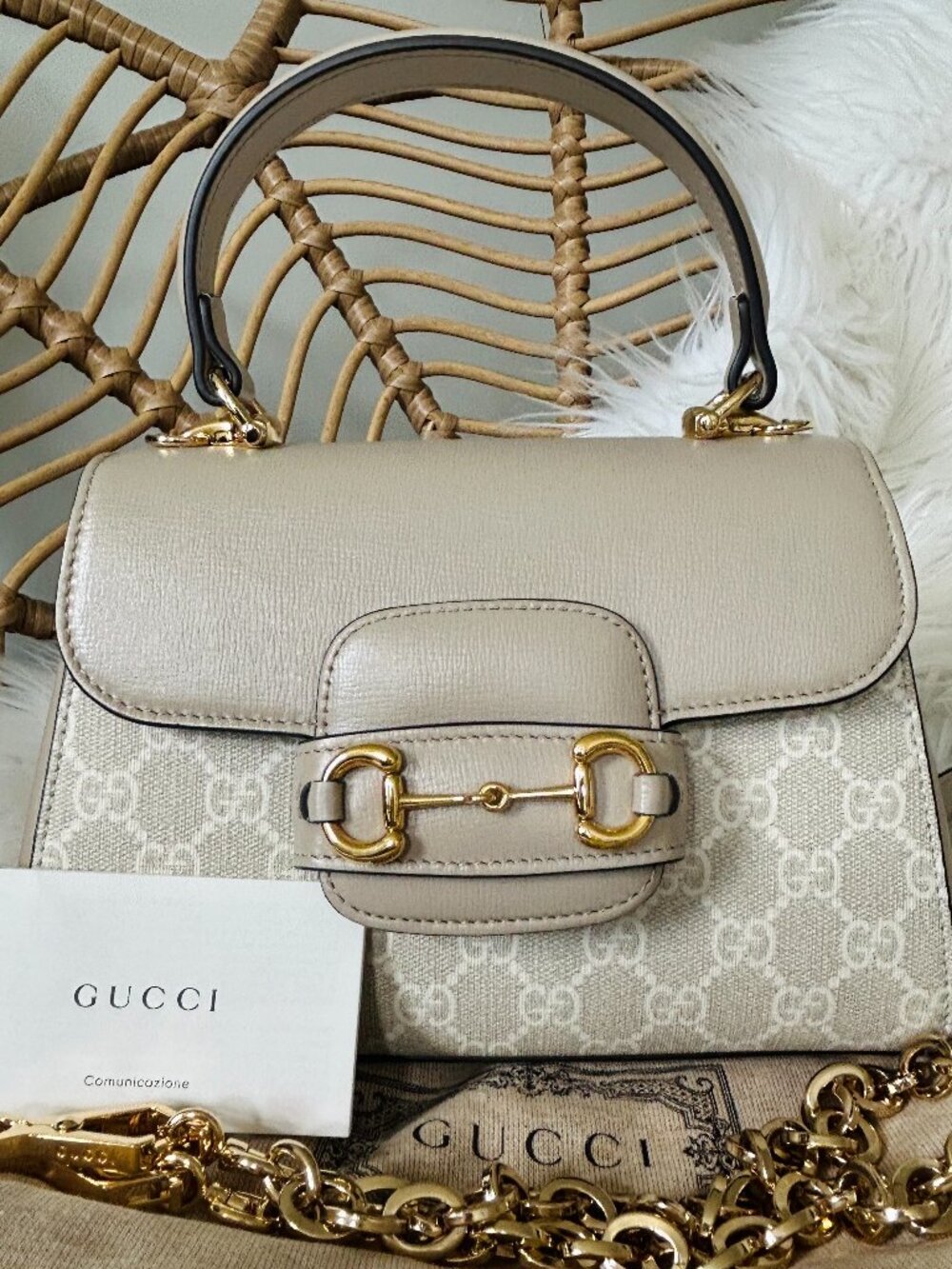 Gucci Mini Top Handle GG Supreme Bag Crossbody Strap in Mystic White and Oat